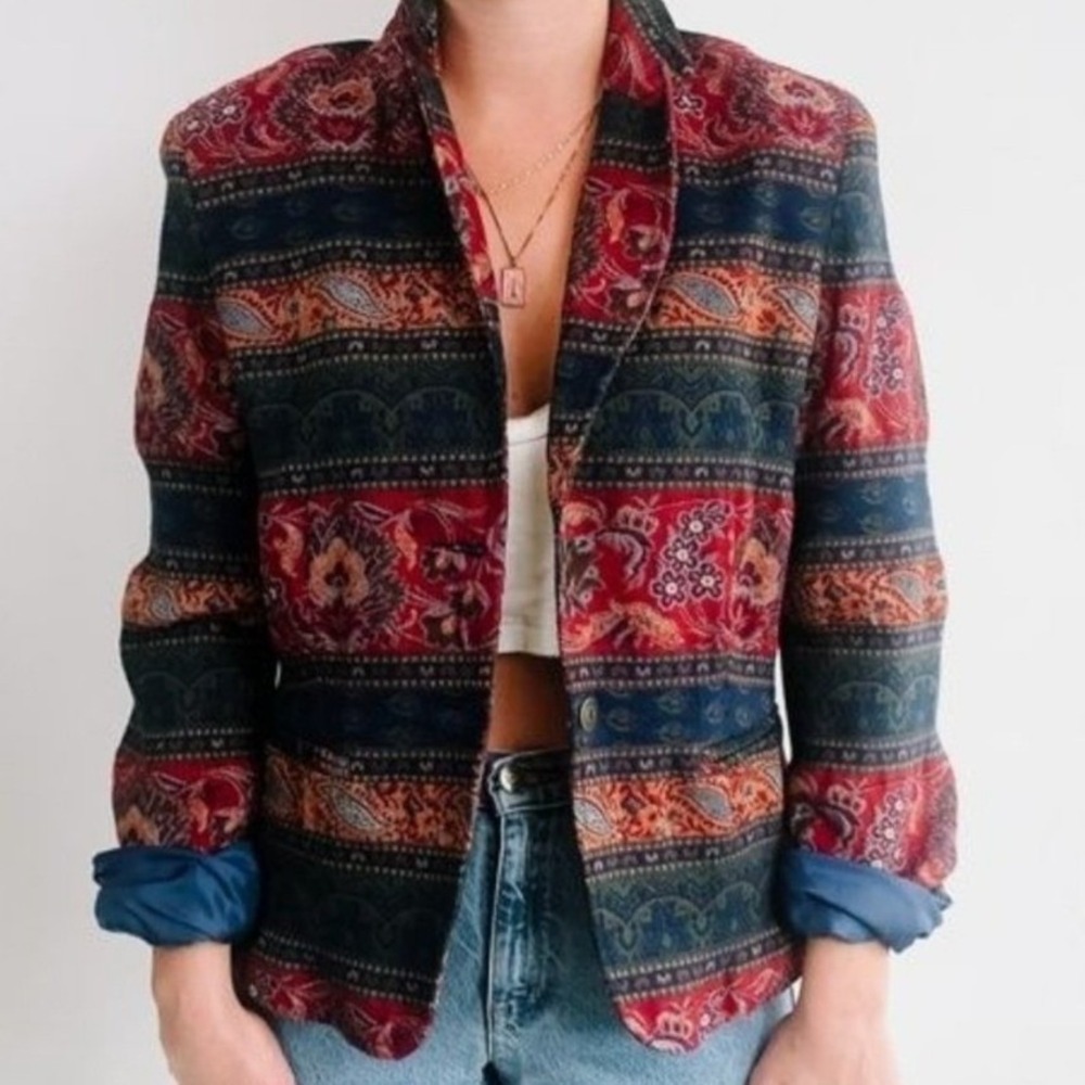 Napa Valley Vintage Tapestry Paisley Blazer Jacket Red Blue Floral Print Size 14 - Picture 4 of 7
